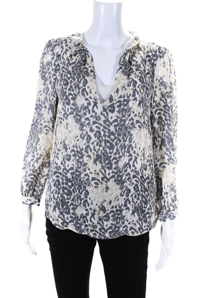 Joie Womens 3/4 Sleeve V Neck Leopard Print Silk Shirt Gray White Size XS