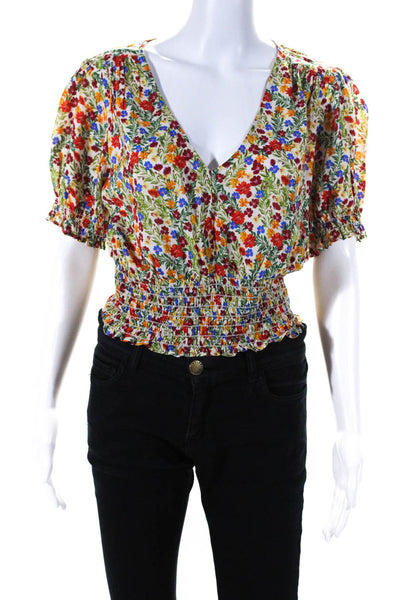 Velvet by Graham & Spencer Womens Short Sleeve Floral Smocked Shirt White Small