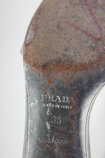 Prada Womens Metallic Shiny Leather Open Toe Pumps Heels Silver Tone Size 5