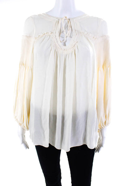 Parker Womens Silk Pleated Cut Out Neck Tie Puff Sleeve Blouse Top Beige Size M
