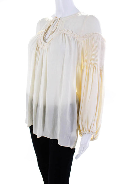 Parker Womens Silk Pleated Cut Out Neck Tie Puff Sleeve Blouse Top Beige Size M