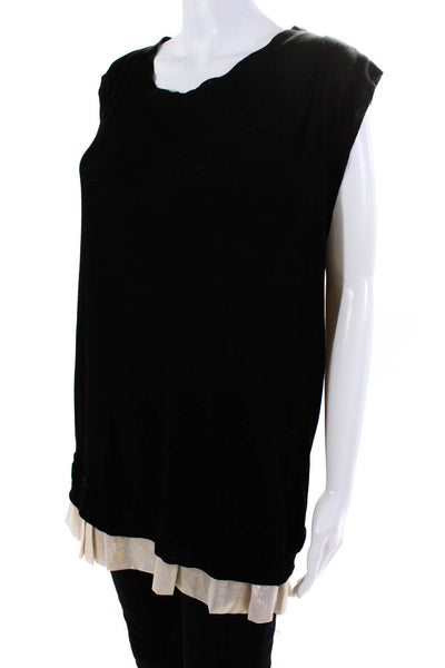 Clu Womens Knit Sheer Ruffle Hem Round Neck Sleeveless Blouse Top Black Size L