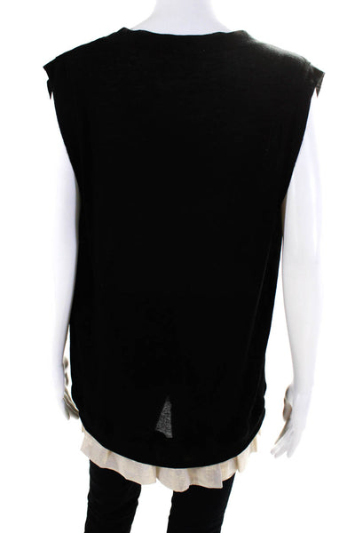 Clu Womens Knit Sheer Ruffle Hem Round Neck Sleeveless Blouse Top Black Size L