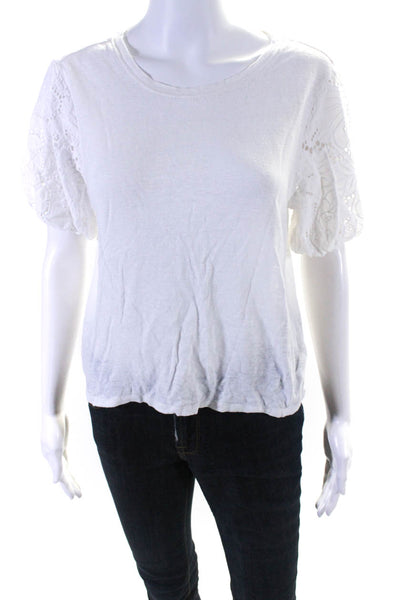 Paige Womens Linen Eyelet Short Sleeve Cropped Crewneck T-Shirt Top White Size S