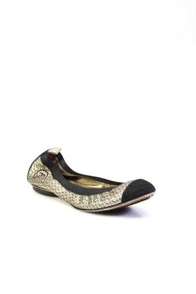 Chanel Womens Leather Lace Cap Toe Ballet Flats Gold Metallic Size 38 8