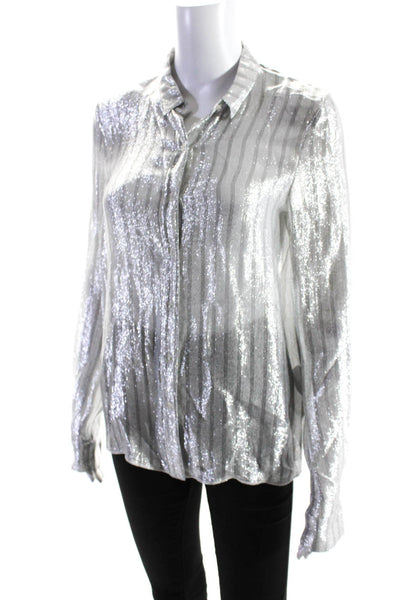 RtA Womens Sheer Striped Long Sleeve Button Front Blouse Top Silver Size XS