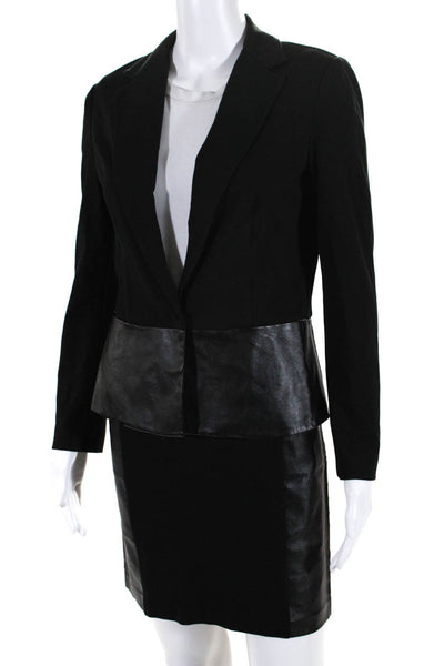 DKNYC Womens Black Vegan Leather Trim Open Front Blazer Matching Skirt Set SizeS