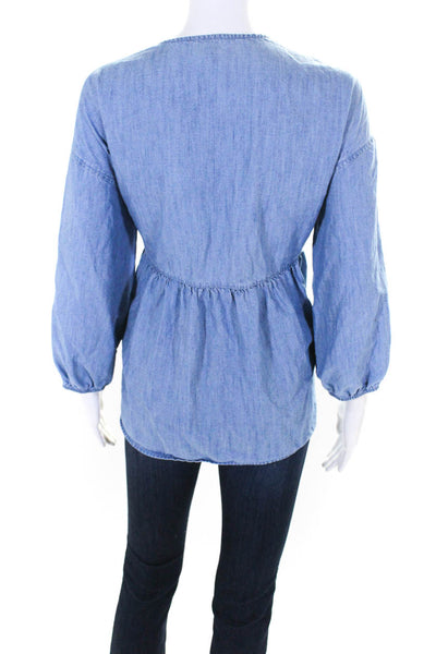 Joie Womens Cotton Lace-Up Ruched Long Sleeve V-Neck Tied Blouse Blue Size L