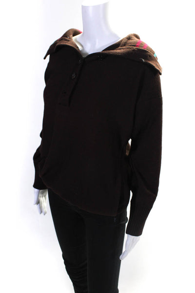 Saint Laurent Womens Vintage Hooded Henley Stripe Sweater Brown Size Medium