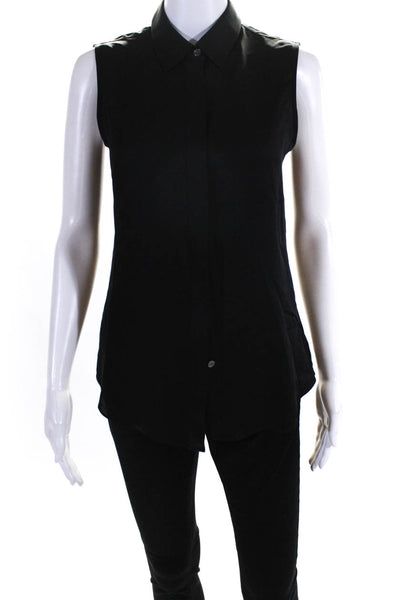 Theory Womens Black Silk Collar Button Down Sleeveless Blouse Top Size P