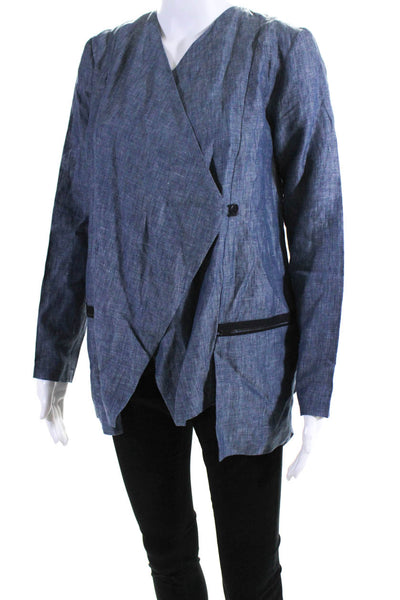 Matthildur Womens Linen Asymmetrical Buttoned Long Sleeve Blazer Blue Size P