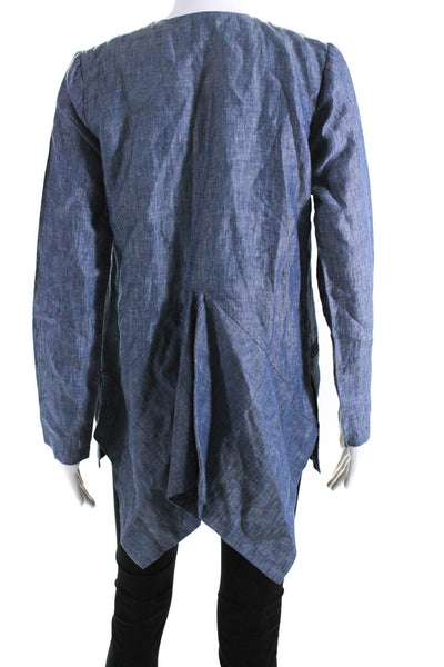 Matthildur Womens Linen Asymmetrical Buttoned Long Sleeve Blazer Blue Size P