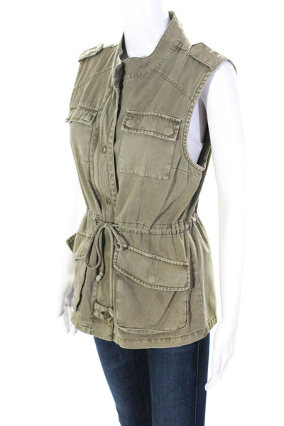 Per Se Womens Cotton Drawstring Waist Full Zip Button Up Cargo Vest Olive Size M