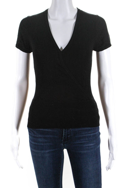 Trina Turk Womens V-Neck Cap Short Sleeve Ribbed Textured T-Shirt Black Size S