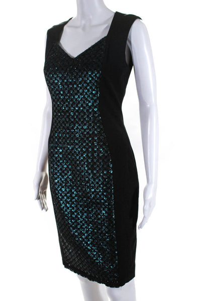 Elie Tahari Womens Patchwork Sequin Textured Back Zip Sheath Dress Black Size 2