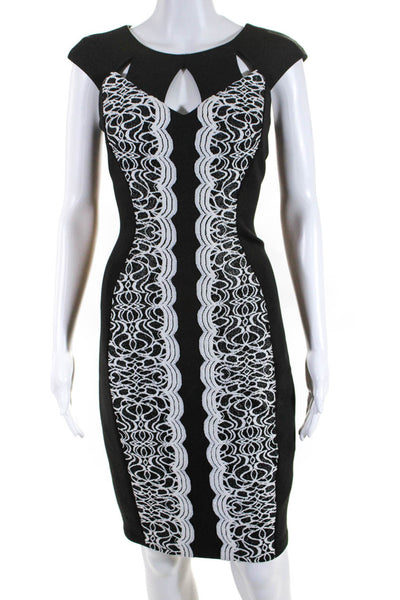 Jax Womens Patchwork Embroidered Textured Zip Midi Sheath Dress Black Size 4