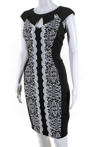 Jax Womens Patchwork Embroidered Textured Zip Midi Sheath Dress Black Size 4