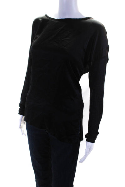 Vince Womens Patchwork Fringe Round Neck Long Sleeve Blouse Top Black Size M