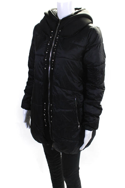 Le Fate Women's Embellished Zip Up Mid Length Hooded Puffer Coat Black Size XS