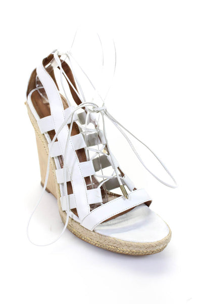 Aquazzura Womens White Open Toe Strappy Wedge High Heels Shoes Size 8.5