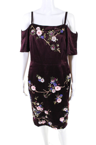 Nanette Lepore Womens Sequin Embellished Floral Satin Sheath Dress Maroon Sz 10