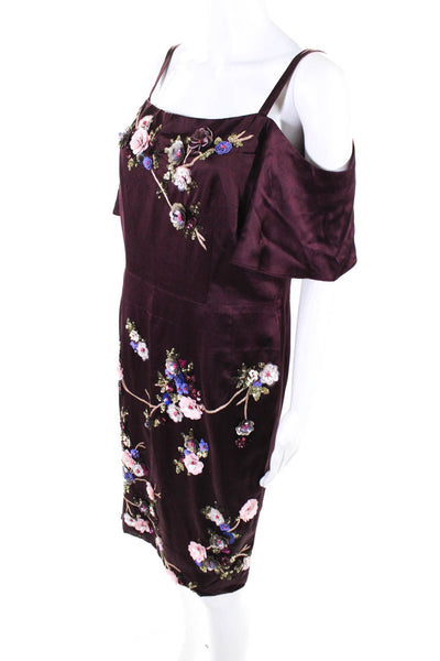Nanette Lepore Womens Sequin Embellished Floral Satin Sheath Dress Maroon Sz 10