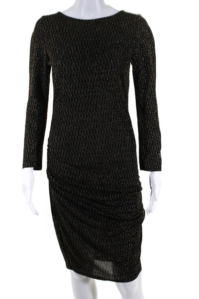 Veronica M. Womens Long Sleeve Ruched Gold Shimmer Sheath Dress Black Size M