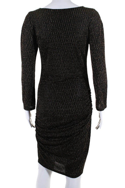 Veronica M. Womens Long Sleeve Ruched Gold Shimmer Sheath Dress Black Size M