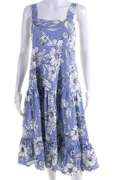 Do + Be Womens Square Neck Striped Floral Midi Dress Blue White Size Medium