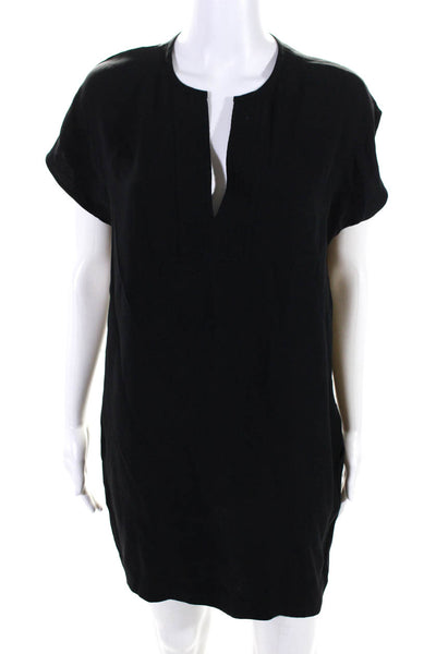 Vince Womens Y Neck Short Sleeve Mini Shift Dress Black Silk Size Extra Small