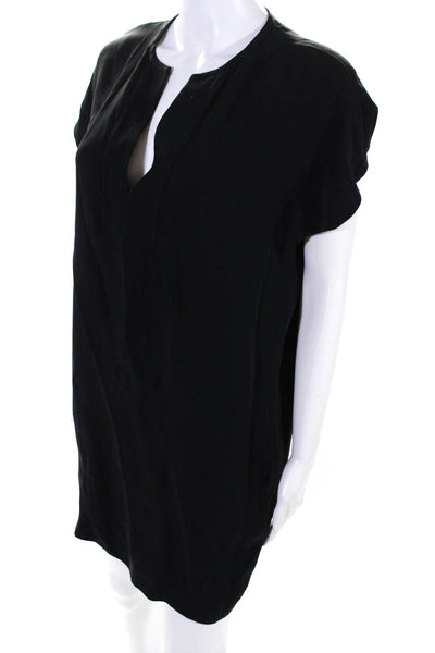 Vince Womens Y Neck Short Sleeve Mini Shift Dress Black Silk Size Extra Small
