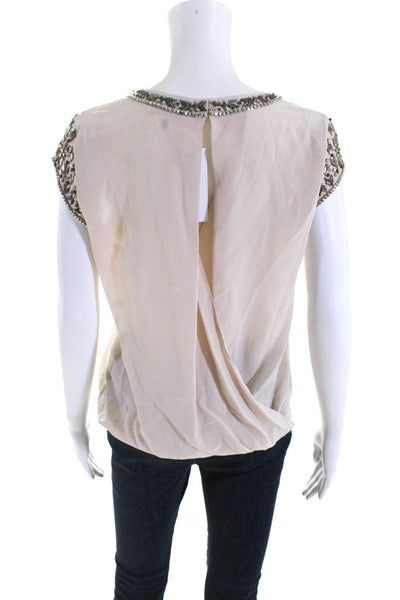 Rebecca Taylor Women's Silk Beaded Trim Open Back Blouse Pink Size 2