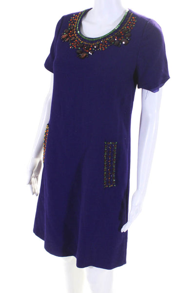 Kate Spade Women's Scoop Neck Short Sleeves Embellish A-Line Mini Dress Purple 2