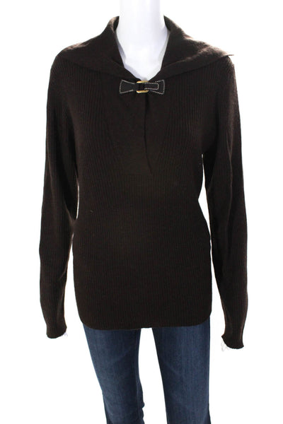 Les Copains Womens Ribbed Long Sleeved Buckled Collared Sweater Brown Size 48