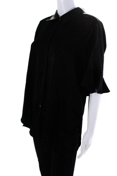 Misa Womens Metallic Covered Placket Collared Tunic Top Blouse Black Size Large