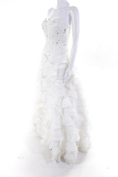 Designer Womens Sweetheart Strapless Beaded Ruffled Tiered Wedding Dress White 8