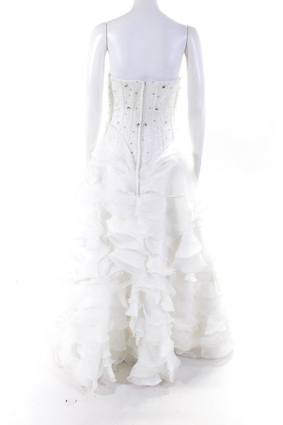 Designer Womens Sweetheart Strapless Beaded Ruffled Tiered Wedding Dress White 8
