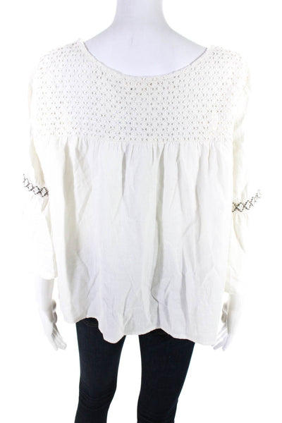 The Great Womens Cotton Knit Round Neck 3/4 Flounce Sleeve Shirt White Size S