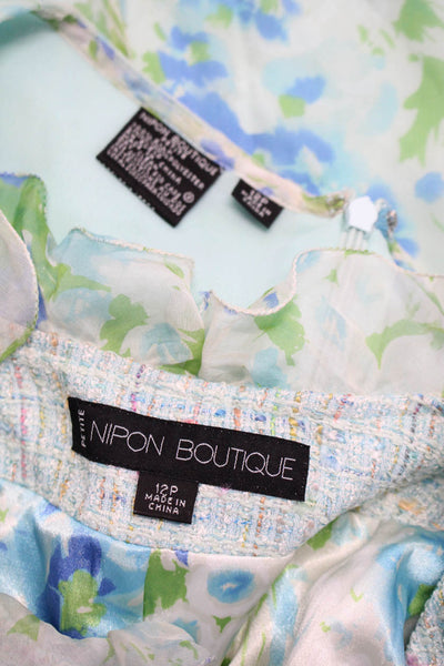 Nipon Boutique Womens Silk Floral Print Ruffled Blazer Skirt Set Blue Size 12P