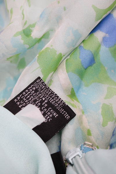 Nipon Boutique Womens Silk Floral Print Ruffled Blazer Skirt Set Blue Size 12P