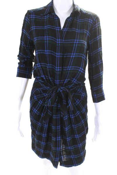 L'Agence Womens Plaid Print Buttoned Long Sleeve Collared Dress Blue Size 2