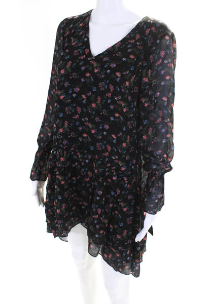 Joie Womens Long Sleeve V Neck Tiered Silk Floral Dress Black Multi Size XS