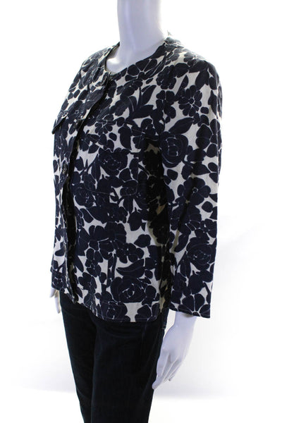 Max Mara Womens Floral Crew Neck Button Up Jacket Ivory Navy Linen Size 10