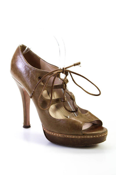 Prada Women's Open Toe Lace Up Platform Stiletto Brown Size 9