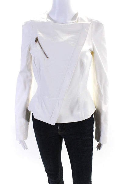 Alexander McQueen Womens Round Neck Long Sleeves Peplum Moto Jacket White Size 4