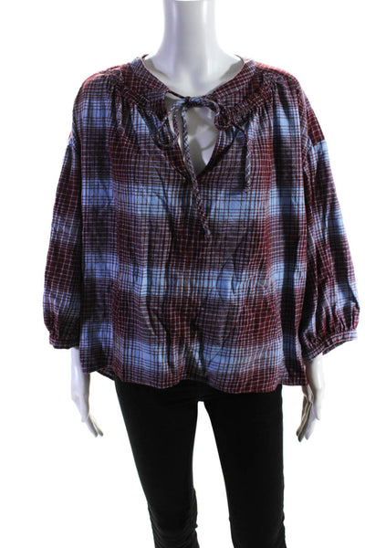 Joie Womens 3/4 Sleeve Keyhole Plaid Shirt Blue Red Cotton Size Small