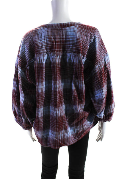 Joie Womens 3/4 Sleeve Keyhole Plaid Shirt Blue Red Cotton Size Small