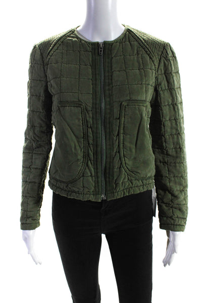 BLANKNYC Womens Quilted Round Neck Long Sleeve Zip Up Jacket Olive Size S