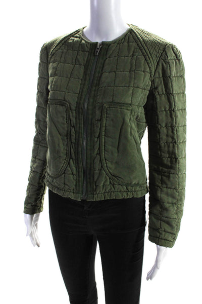 BLANKNYC Womens Quilted Round Neck Long Sleeve Zip Up Jacket Olive Size S