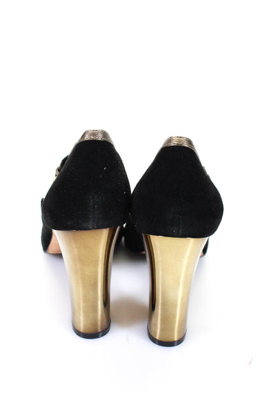 Cole Haan Womens Gold Tone Striped Buckled Peep-Toe Block Heels Black Size 10